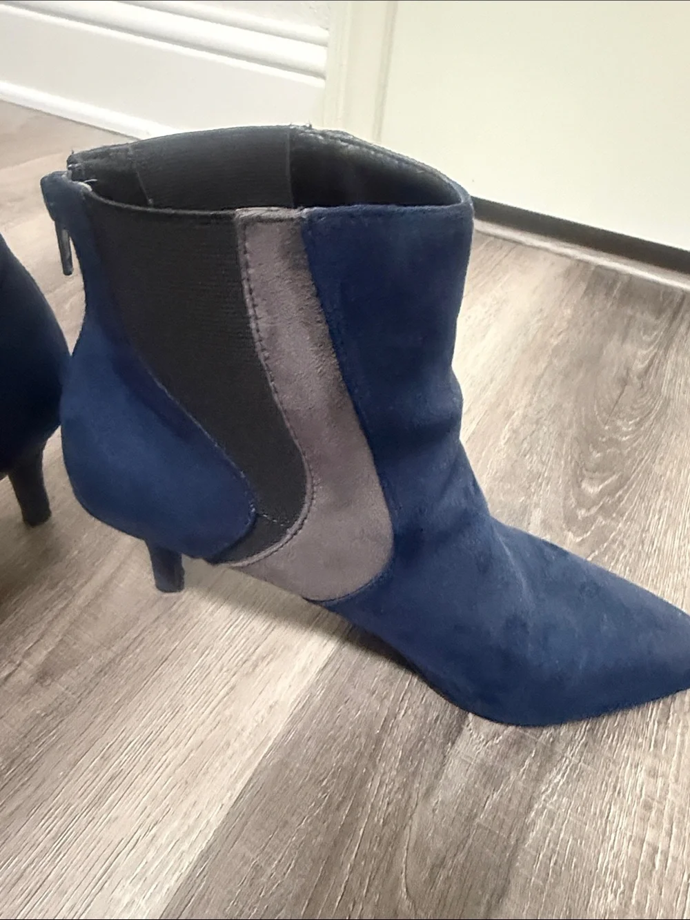 A2 By Aerosoles Navy Suede Pointed Ankle Booties with Gray Panels